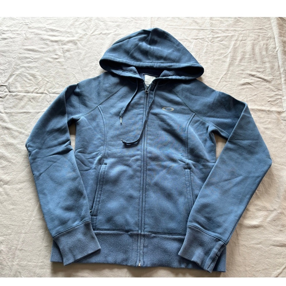 Oakley Womens Full Zip Hoodie Blue Fleece Raglan Thumbhole Sweatshirt XS